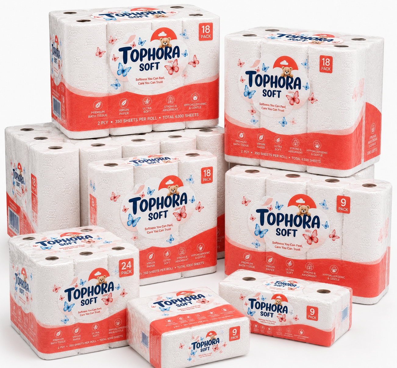 Tophora Soft 18-Pack premium tissue packaging showing soft pastel design
